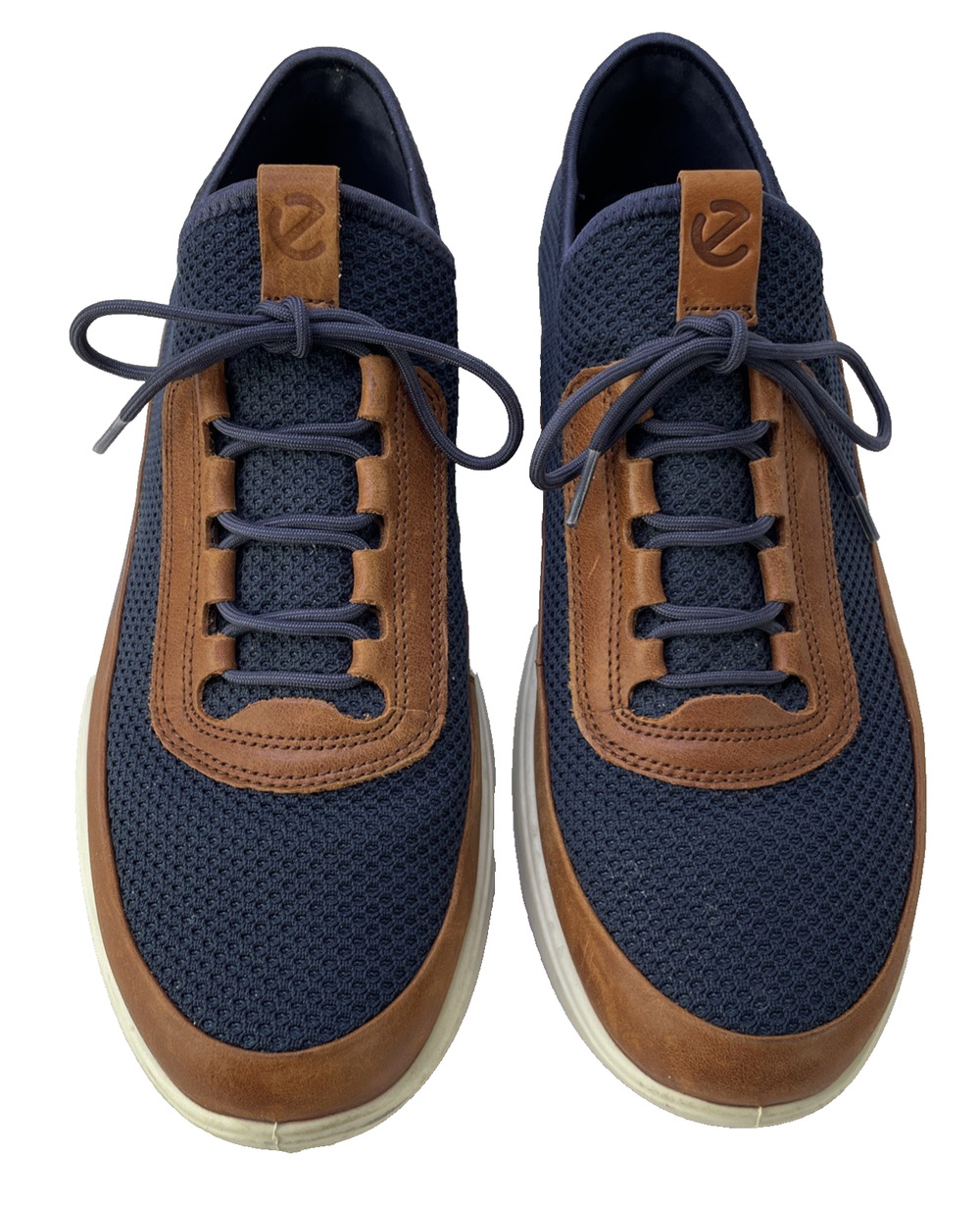 Ecco Men’s Soft 7 Runner Sneakers Navy Weave Caramel Leather Comfort S 46/ US 12